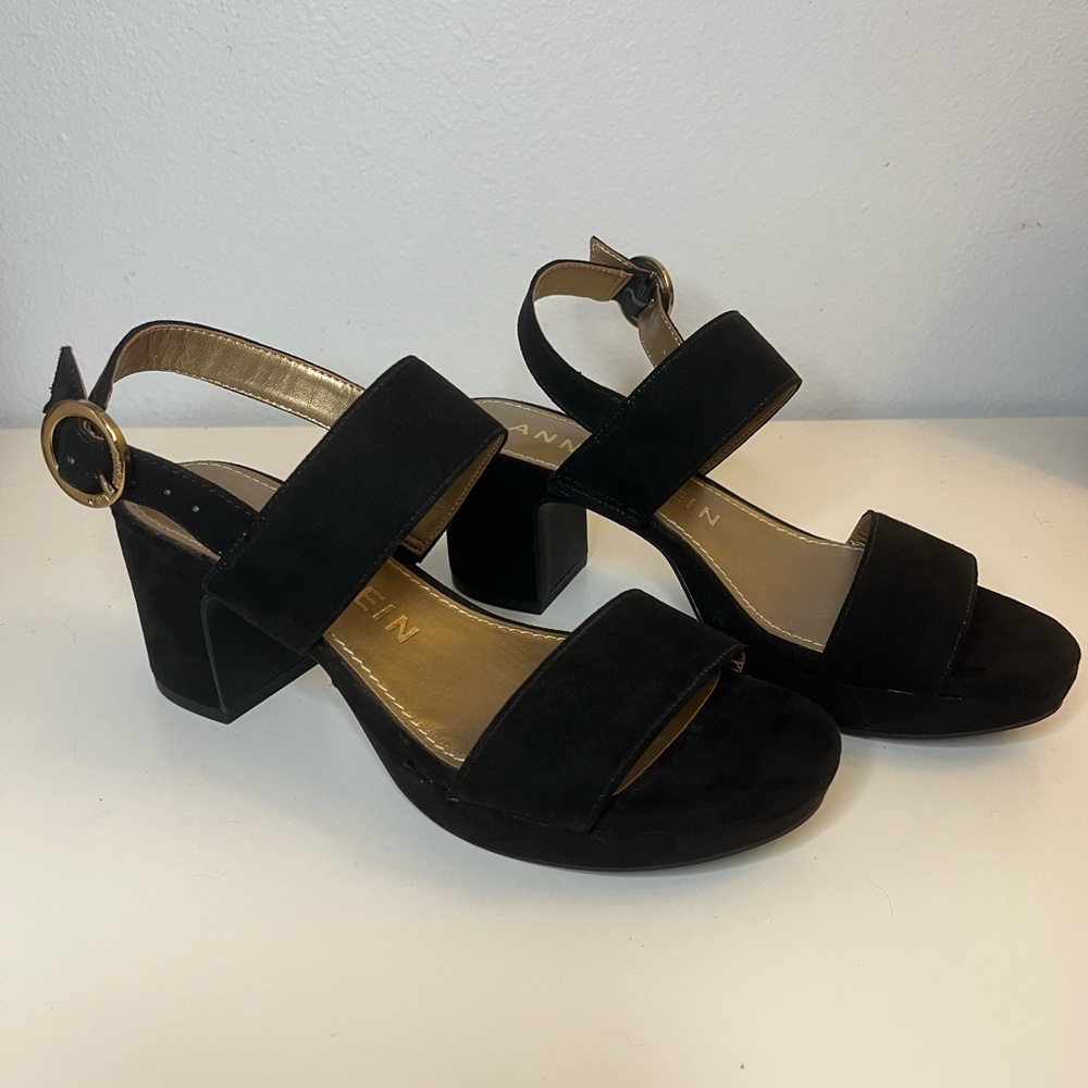 Women’s Size 6 Anne Klein Black Suede Heels With Gold Buckles - New, Worn Once!